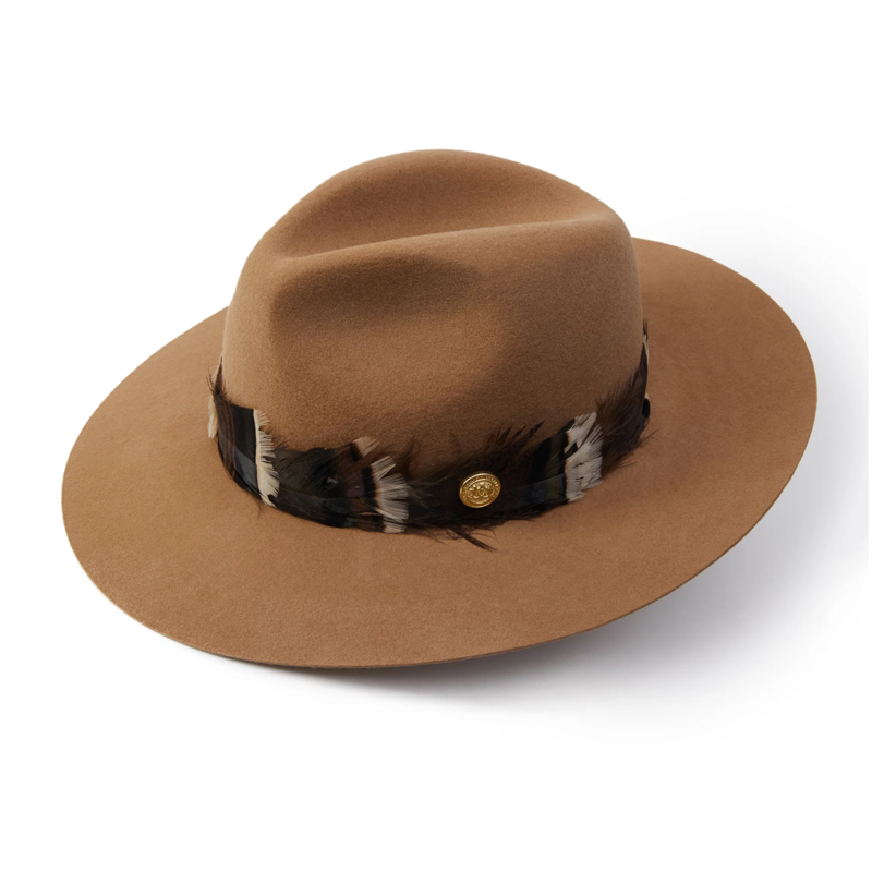 Holland Cooper Iridescent Feather Band Trilby Hat - Camel-4